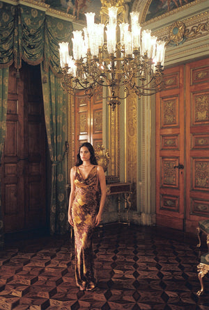 Plunging Back Cowl Dress Gold Mosaic – Mirror Palais