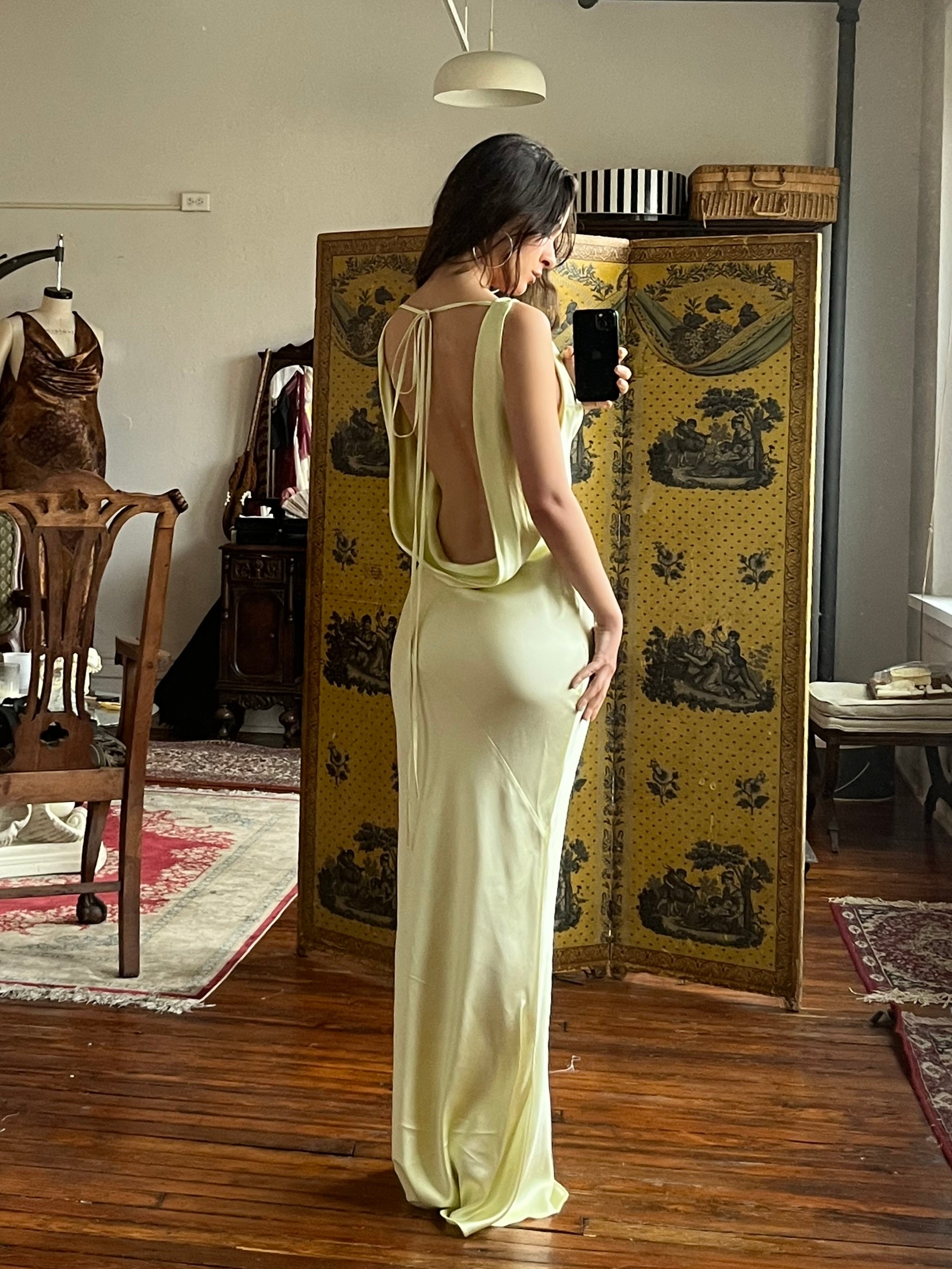 Sample Plunging Back Cowl Dress Pale Chartreuse XS