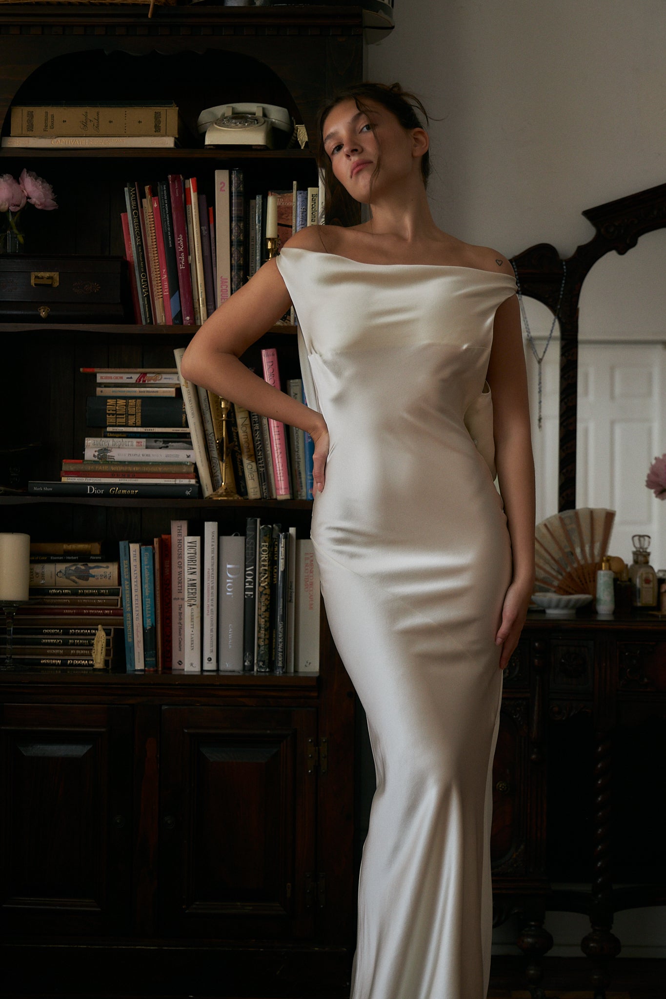 Plunging Back Cowl Dress Pearl