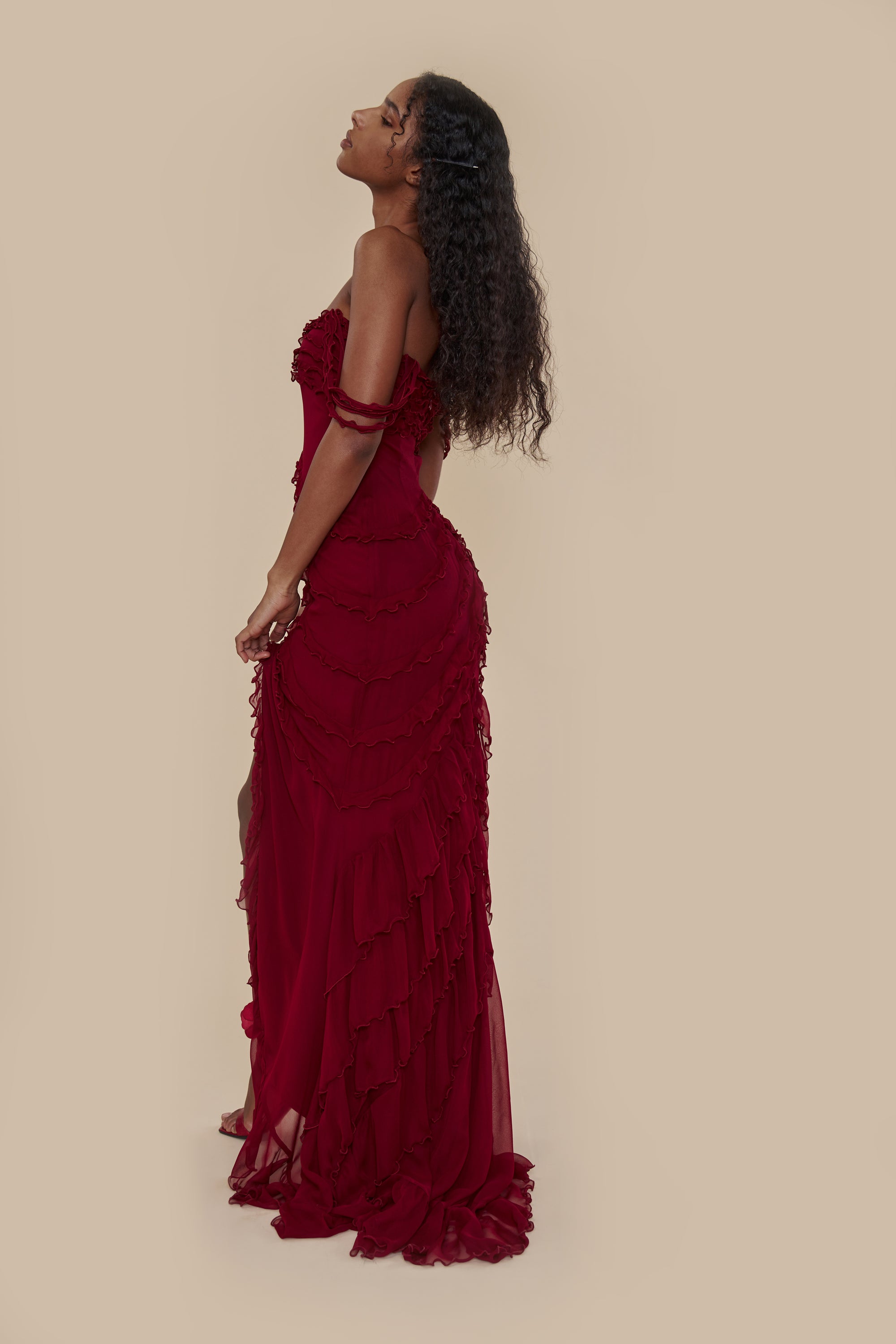 Sheer Ruffled Maxi Dress In Red  Maxi dress, Ruffled maxi dress, Lace top  gown
