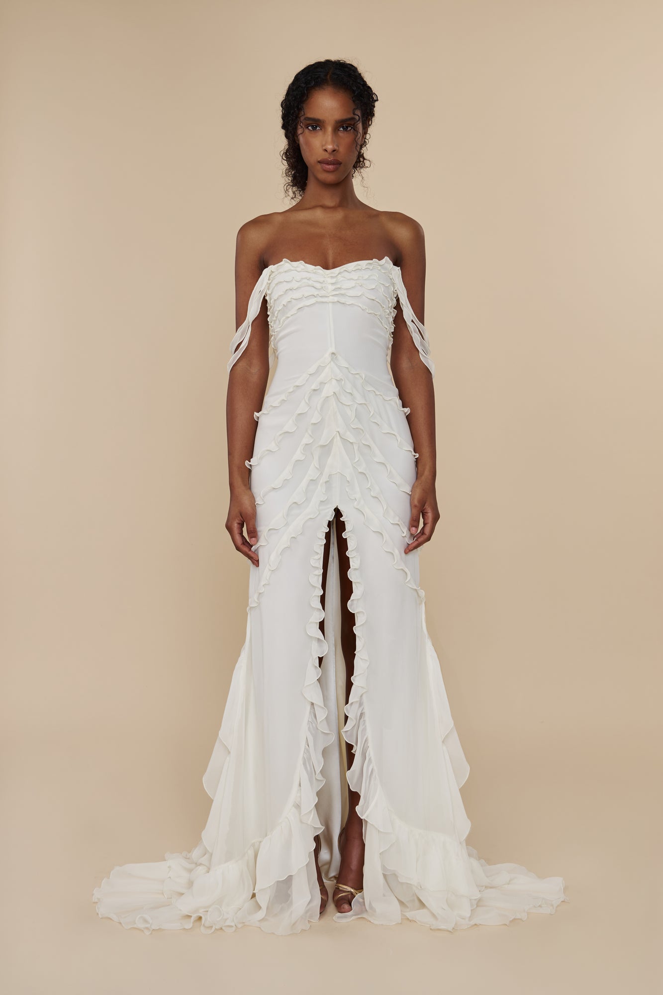 Cascading Ruffle Gown in Pearl - Mirror Palais