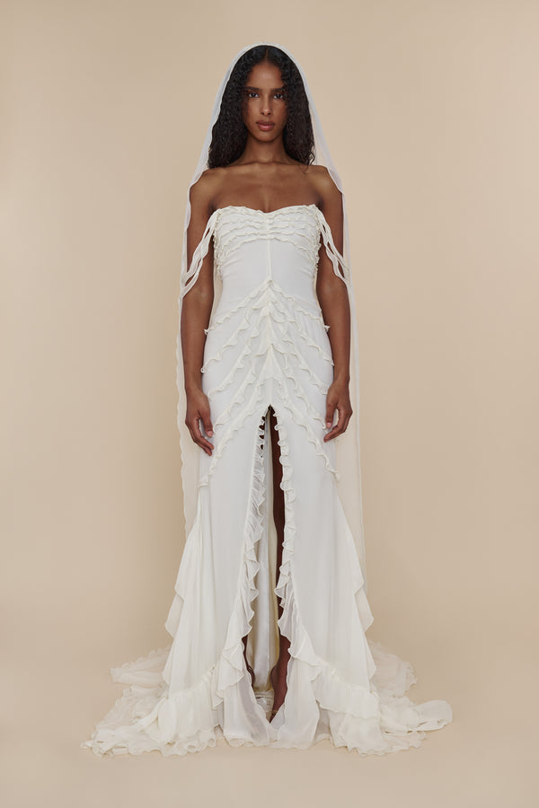 Cascading Ruffle Gown in Pearl - Mirror Palais